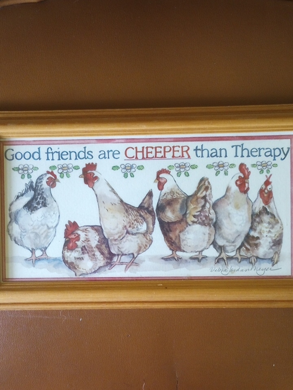 Framed Vtg Art Print. Good Friends Are Cheeper Than Therapy. Chicken Hen Rooster - Picture 2 of 7